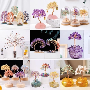 Detailed grid view of diverse crystal money trees with amethyst and citrine stone leaves