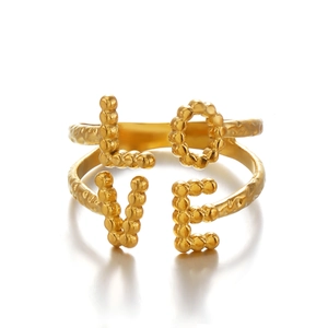 Anello aperto LOVE placcato oro 18K con trama a perline e struttura a doppio strato