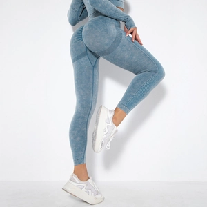 Detail of blue seamless washed texture leggings with contouring booty lift effect
