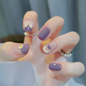 Purple White Press On Nails French Style Sweet Daisy Flower Heart Bow Design Square Short Fake Nails For Women