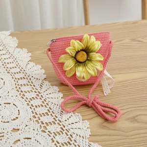 Sac bandoulière rose en paille pour filles avec motif tournesol et bordure dentelle