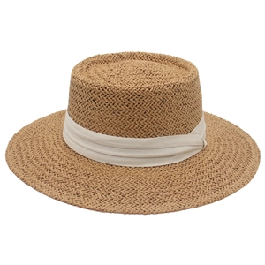 Classic flat brim boater straw hat with elegant cream ribbon trim for summer vacations