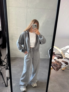 Ensemble de Survêtement Femme Style Rue Américaine Délavé Usé Sweat à Capuche Zippé et Pantalon Droit Taille Haute en Coton Décontracté Top And Bottom