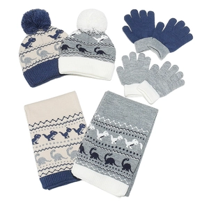 Boys winter dinosaur knit set featuring hat with pompom scarf and gloves in two colors