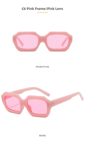 Detailed view of trendy pink rectangle sunglasses with matching pink lenses and durable frame