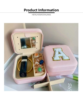 Pink portable jewelry box with letter A and interior mirror for ring and earring storage