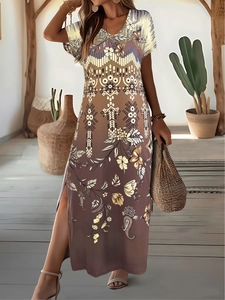 Robe longue bohème à col en V, fente latérale et imprimé floral marron vintage