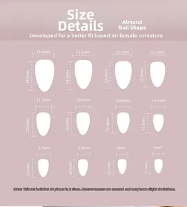 Size chart for almond press-on nails showing 12 sizes from 7.0mm to 14.1mm width