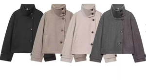 Veste courte en laine pour femme avec col montant et boutons en noir, kaki, beige et gris
