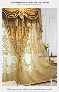 Luxurious European gold curtain detail featuring damask embroidery and elegant tassel valance
