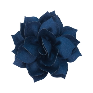 Detail of 8cm blue satin multilayer lotus flower hair accessory with glossy fabric texture