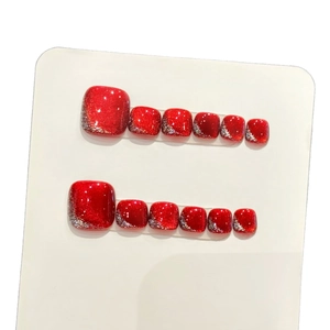 Dark cherry red cat eye glitter press-on toenails with glossy finish 12pcs set