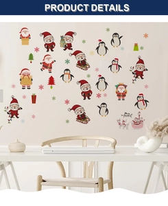 Close-up of Santa Claus and penguin Christmas wall stickers in a cozy home setting