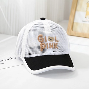 Close-up of breathable mesh baseball cap with GIRL PINK embroidery and bear mascot