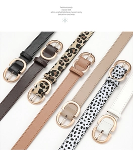 Detailed set of six slim women's fashion belts with gold D-shaped buckles in various colors