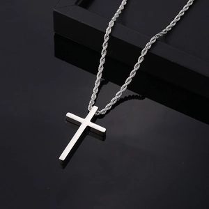 Polished silver stainless steel cross pendant necklace with classic wheat chain link