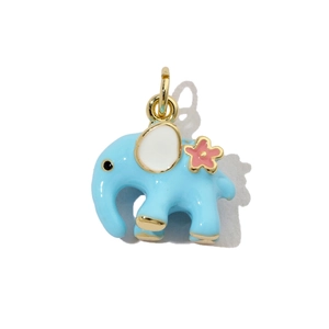 Detailed close-up of a blue enamel elephant pendant with a pink flower and golden loop