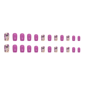 Glossy purple gradient fake nails set featuring black butterfly wings and floral patterns