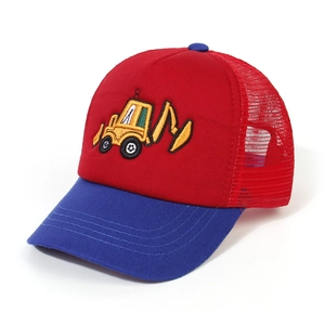 Detailed close-up of kids trucker hat with yellow excavator embroidery on red and blue mesh