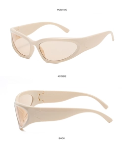 Three-way view of cream wrap-around cycling sunglasses with vintage Y2K sport design
