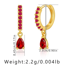 Detail view of gold hoop earrings with red zircon drops including size and weight specs