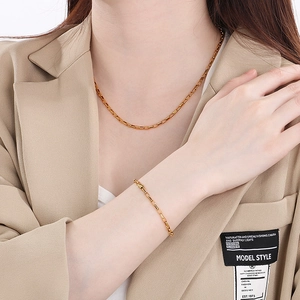 Minimalist gold-plated rectangle link chain necklace and bracelet set for women