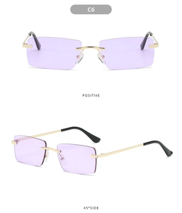 Frameless square sunglasses with light purple lenses and gold metal temples from two angles
