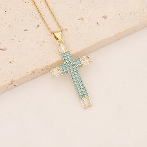 18K gold plated cross pendant necklace with blue beads and baguette crystals
