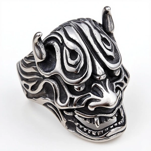 Vintage punk style stainless steel ring featuring a detailed demonic Oni mask in silver finish