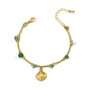 Golden double-layer anklet with natural green stones and a shell pendant in beach style