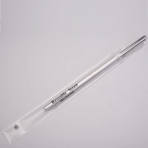 Reusable silver 304 stainless steel straw set with cleaning brush in a clear BPA free pouch