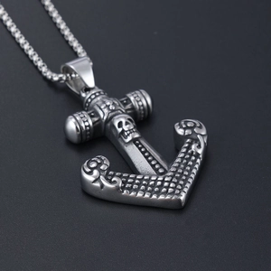 Vintage stainless steel nautical anchor necklace with pirate skull detail for men