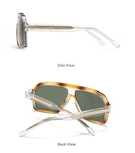 Detail view of square frame sunglasses showing tortoiseshell temples and metal core