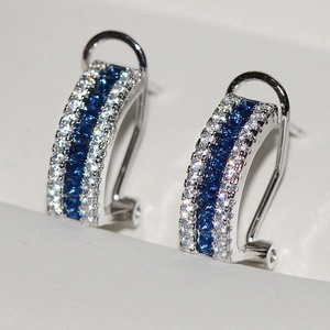 Elegant J-Shaped Hoop Earrings Copper With Blue And White Cubic Zirconia Multi Row Pave Setting Fashion For Women
