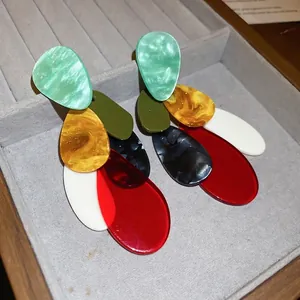 French vintage acrylic layered geometric drop earrings with colorful irregular resin petals