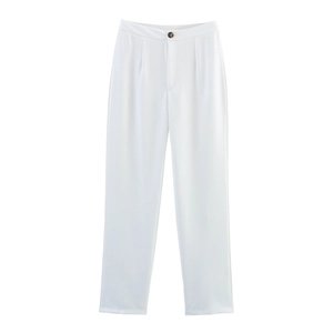 Detail of white tailored trousers with front pleats and a single dark button closure
