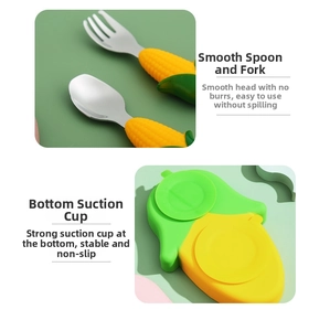 Detail of baby silicone plate with corn-shaped handles and strong suction cups