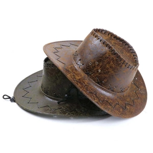 Close-up of vintage distressed leather cowboy hats with rugged stitching and wind cords
