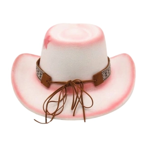 Detail of western cowboy hat with pink gradient stars and brown braided ethnic strap