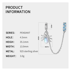 Detailed specs of spider safety charm in 925 sterling silver with blue opal stone