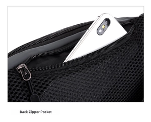 Detail of the back zipper pocket on a waterproof waist bag showing phone storage space