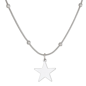 Polished silver star pendant on a beaded snake chain necklace over a white background