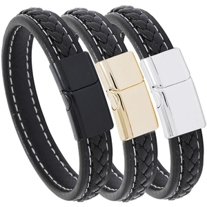 Men Braided PU Leather Bracelet With Alloy Magnetic Clasp Contrast White Stitching Punk Simple Style Hand Jewelry