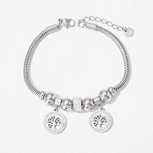 Stainless steel Tree of Life bracelet with pavé crystal charms on silver snake chain