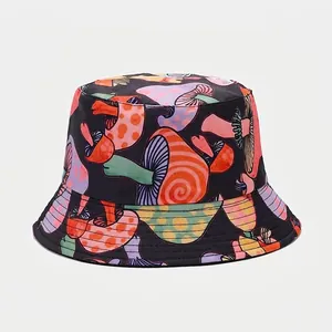Detail shot of the colorful mushroom print on a black bucket hat with stitched brim