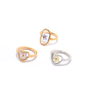 Minimalist 18K gold and silver stainless steel rings with heart-shaped dried flowers