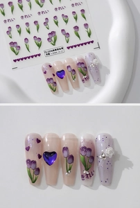 Detail of 5D embossed purple tulip nail stickers with 3D floral art patterns