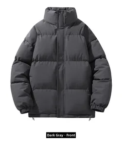 Detailed front view of a dark grey puffer jacket with stand collar and quilted texture