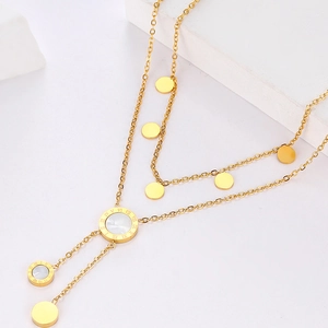 Double-layered gold titanium steel necklace featuring Roman numeral shell pendants