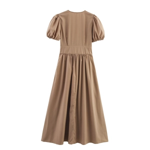 Elegant khaki puff sleeve maxi dress with high waist and pleated A-line back view